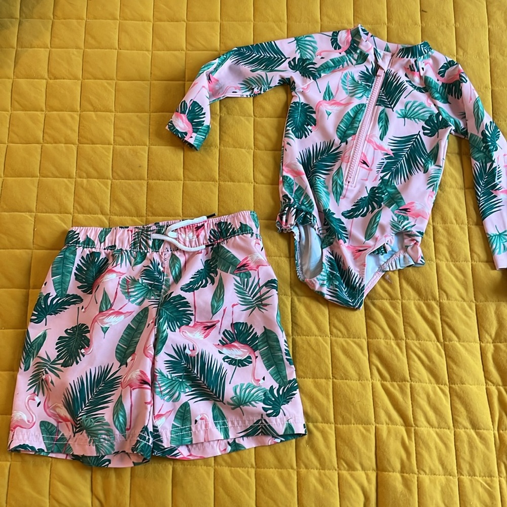 Tropical Pink Flamingo: Girls One Piece Swimsuit and Boys Swim Trunks